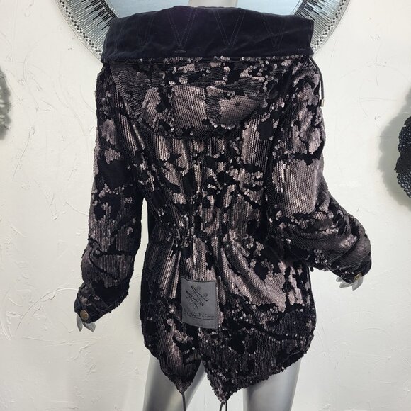 NWT~$2590~MR & MRS ITALY~S/M~BLACK VELVET SEQUIN HOODED PARKA COAT NO FUR - Picture 1 of 16